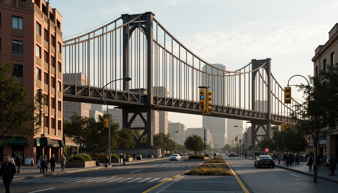 Prompt: Rustic steel bridges, arched structures, suspension cables, reinforced concrete piers, ornate lamp posts, pedestrian walkways, vehicular traffic lanes, urban cityscape, misty morning atmosphere, soft warm lighting, shallow depth of field, 3/4 composition, panoramic view, realistic textures, ambient occlusion.