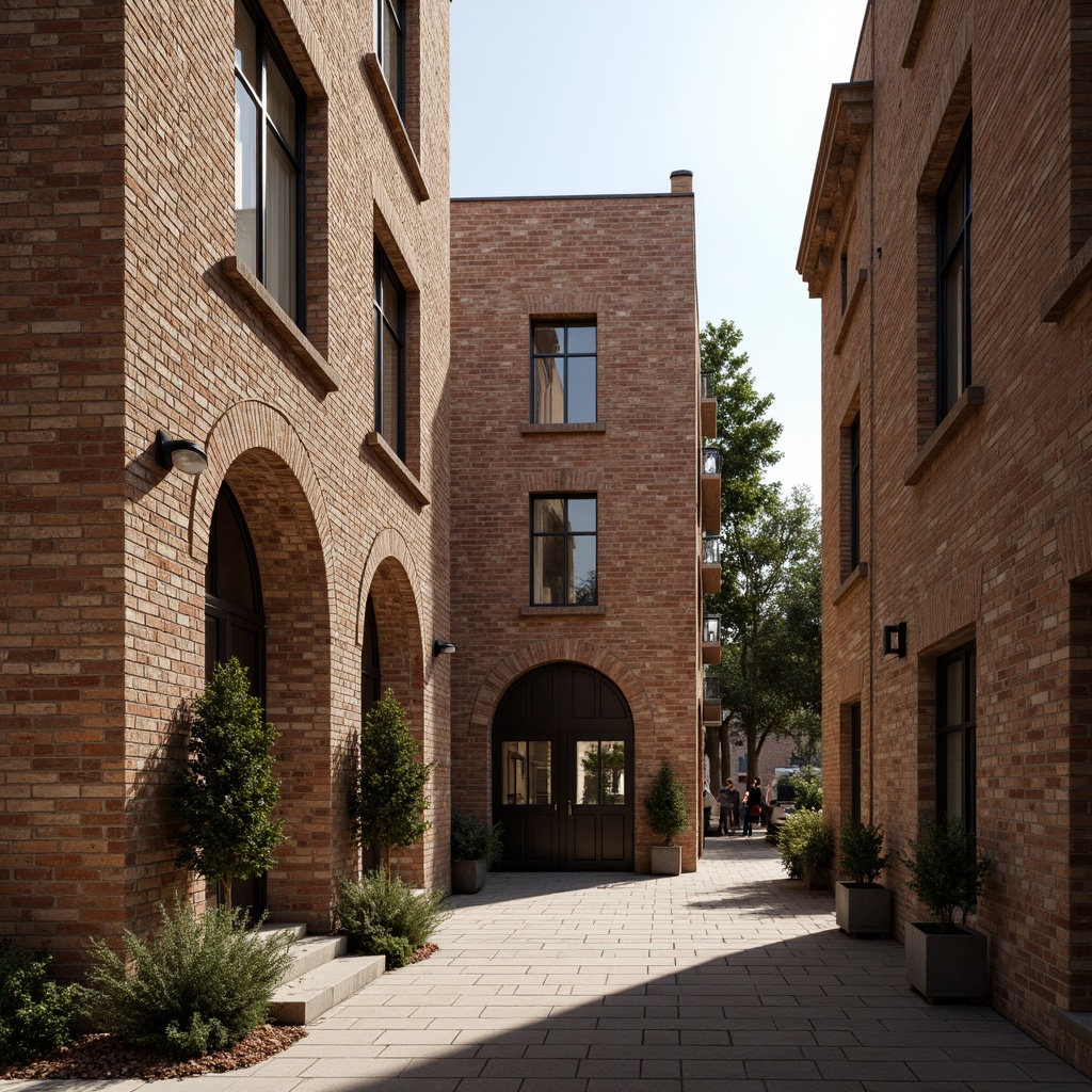 Prompt: Rustic brick buildings, modern masonry techniques, textured stone walls, ornate archways, grand entrance gates, intricate stonework patterns, earthy color palette, natural materials, sustainable architecture, eco-friendly design, green roofs, living walls, urban landscape, cityscape views, dramatic lighting effects, high-contrast shadows, 1/2 composition, symmetrical framing, warm golden hour lighting, realistic textures, ambient occlusion.