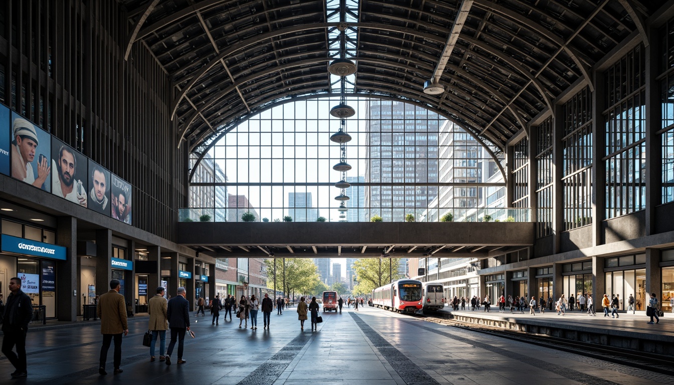 Prompt: Modern train station, steel framework, industrial aesthetic, exposed ductwork, metallic beams, sleek columns, high ceilings, grand entrance, bustling atmosphere, natural light pouring in, urban landscape, city skyline, busy streets, pedestrian traffic, vibrant advertisements, LED displays, futuristic ambiance, dynamic lighting, shallow depth of field, 1/2 composition, wide-angle lens, realistic reflections, ambient occlusion.