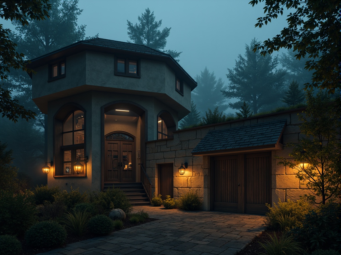 Prompt: Mysterious watchtower, ancient stone walls, worn wooden doors, mystical lanterns, foggy misty atmosphere, eerie twilight, warm golden lighting, soft mysterious shadows, intricate stonework patterns, rugged natural textures, weathered wooden accents, moss-covered roofs, overgrown vegetation, abandoned forgotten feel, cinematic dramatic mood, low-key mysterious color tone, 1/2 composition, atmospheric perspective, subtle depth of field.