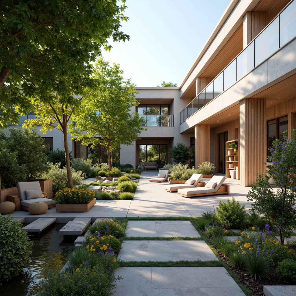 Prompt: Spacious residential courtyard, lush greenery, vibrant flowers, natural stone pathways, wooden benches, modern minimalist architecture, large windows, sliding glass doors, open-plan living areas, high ceilings, airy atmosphere, soft warm lighting, shallow depth of field, 3/4 composition, panoramic view, realistic textures, ambient occlusion, cozy reading nooks, built-in shelving units, comfortable outdoor seating, decorative planters, water features, small ponds, tranquil ambiance.