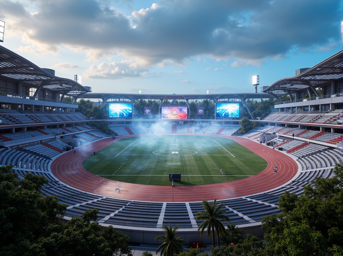 Prompt: Futuristic sports complex, undulating terrain, neon-lit athletic tracks, sleek metallic bleachers, holographic scoreboards, iridescent stadium roofs, glowing accents, vibrant LED lighting, misty atmospheric effects, shallow depth of field, 3/4 composition, panoramic view, realistic textures, ambient occlusion, lush greenery, tropical plants, palm trees, sunny day, warm soft focus, dynamic camera movements.