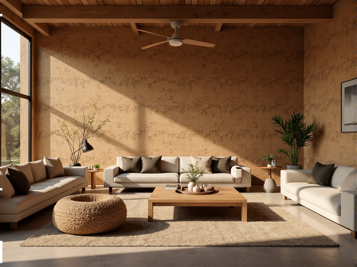 Prompt: Natural cork walls, earthy tones, organic textures, sustainable materials, eco-friendly design, warm ambient lighting, soft shadows, 3/4 composition, shallow depth of field, realistic renderings, subtle grain patterns, natural imperfections, rustic charm, cozy atmosphere, intimate spaces, minimalist decor, earthy color palette, nature-inspired accents.