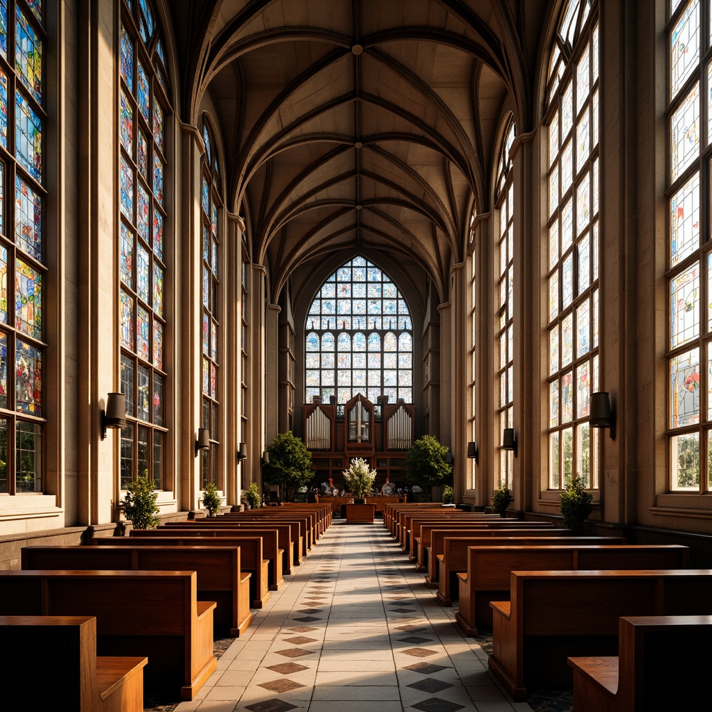 Prompt: Intricate stained glass windows, symmetrical arches, ornate vaulted ceilings, grandiose pipe organs, minimalist pews, abstract geometric patterns, vibrant colored tiles, constructivist architecture, brutalist concrete structures, dramatic lighting effects, high contrast shadows, 1/1 composition, low angle shot, warm golden hour light, realistic textures, ambient occlusion.