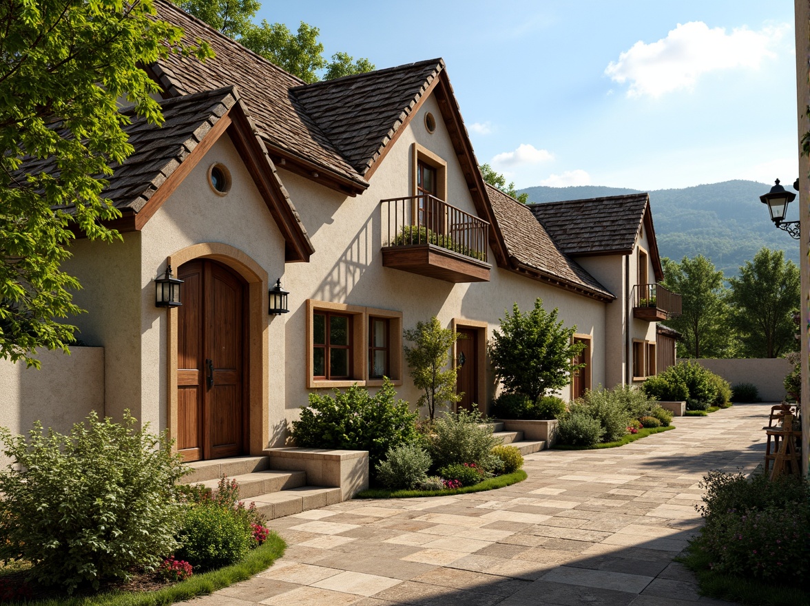 Prompt: Rustic rural cottage, symmetrical facade, ornate wooden doors, arched windows, stone walls, pitched roofs, clay tiles, vintage lanterns, lush greenery, blooming flowers, rolling hills, serene countryside, warm sunny day, soft natural lighting, shallow depth of field, 1/1 composition, realistic textures, ambient occlusion.