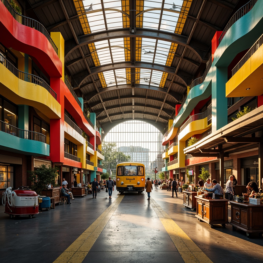 Prompt: Vibrant train station, expressionist architecture, bold geometric shapes, dynamic curves, abstract patterns, bright primary colors, metallic materials, industrial textures, grand entrance hall, sweeping staircases, ornate railings, vintage luggage carts, nostalgic signage, steam engine displays, urban cityscape, busy streets, morning rush hour, warm golden lighting, shallow depth of field, 1/2 composition, cinematic view, realistic reflections, ambient occlusion.