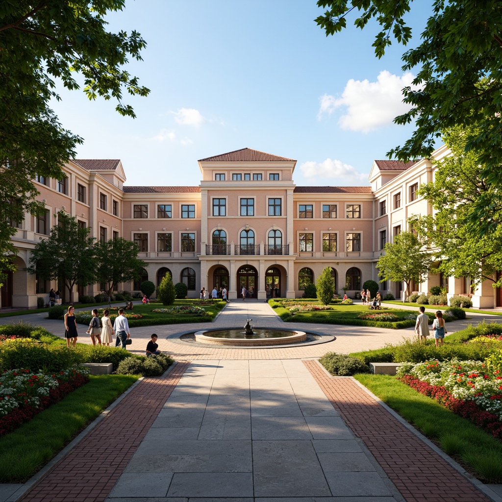 Prompt: Majestic high school building, Baroque architecture, ornate facades, grand entrance, symmetrical gardens, lush greenery, vibrant flowers, meandering pathways, decorative fountains, statues, benches, natural stone walkways, brick pavement, mature trees, sunny day, soft warm lighting, shallow depth of field, 3/4 composition, panoramic view, realistic textures, ambient occlusion.