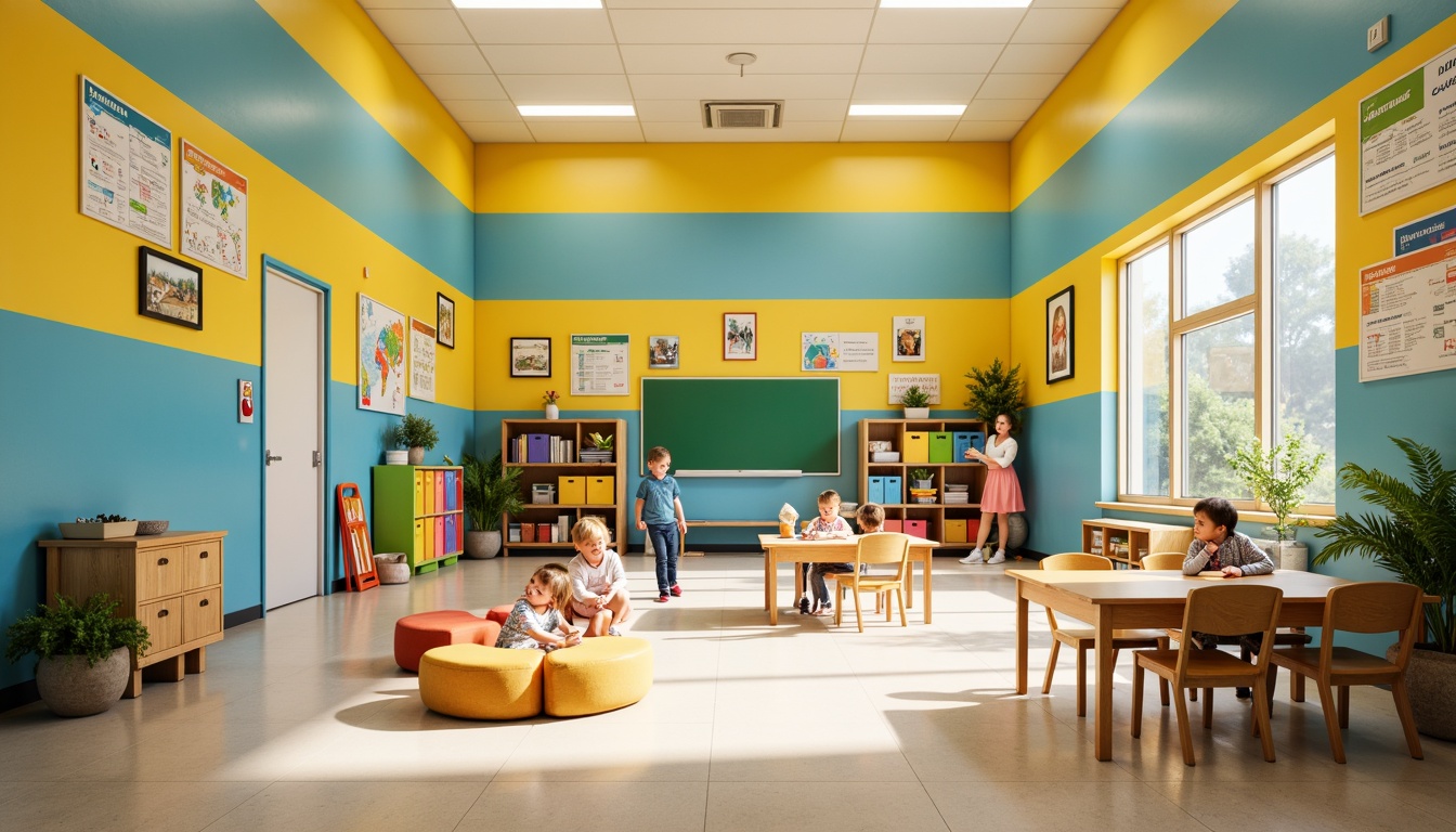 Prompt: Vibrant elementary school, playful kindergarten, bright yellow walls, sky blue accents, green chalkboard, wooden desks, colorful lockers, educational posters, natural light, open classrooms, modern furniture, ergonomic chairs, collaborative learning spaces, interactive whiteboards, stimulating color scheme, warm beige floors, soft pastel shades, calming atmosphere, shallow depth of field, 1/1 composition, realistic textures, ambient occlusion.