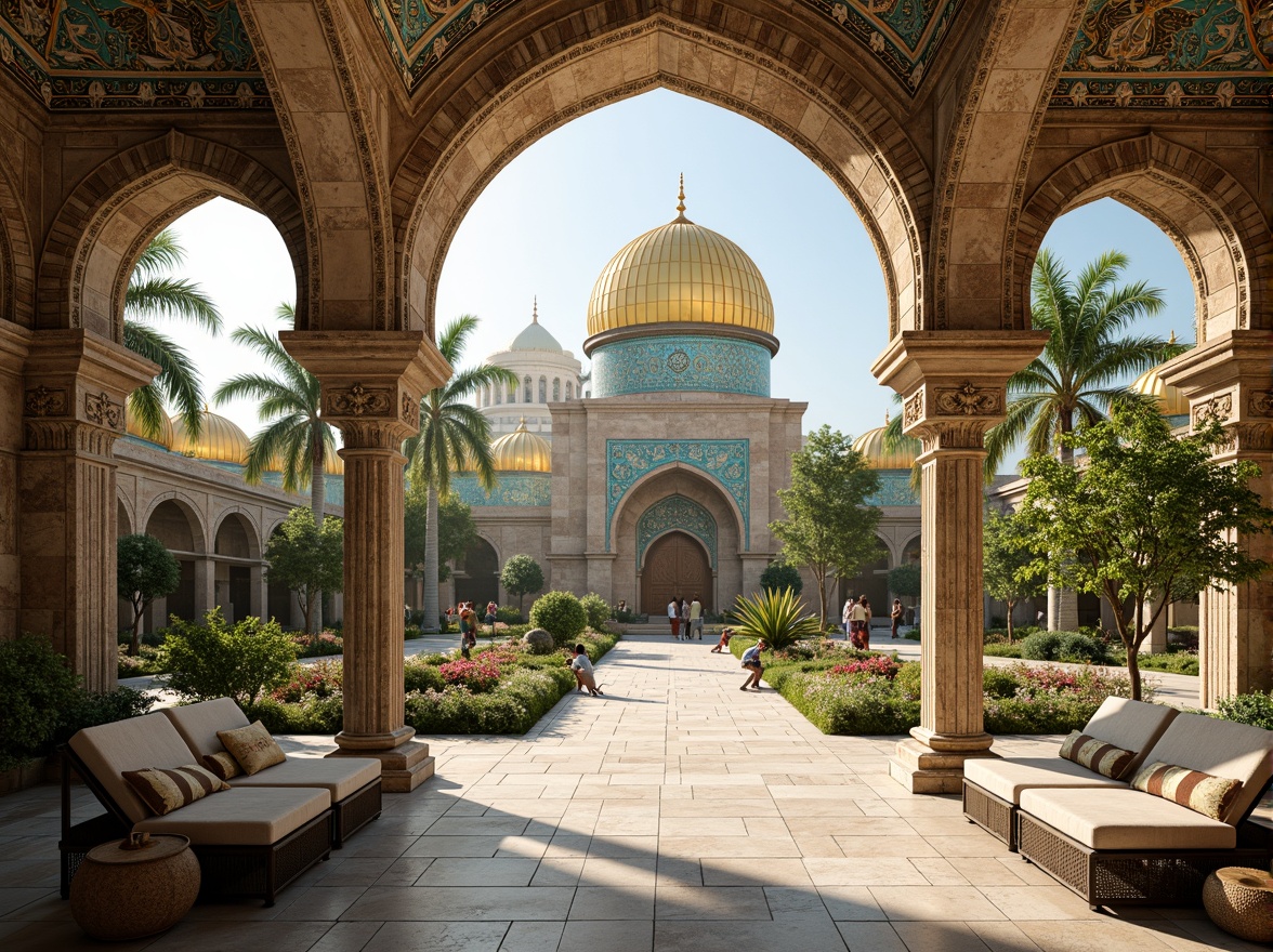 Prompt: Golden domes, ornate arches, intricate mosaics, vibrant turquoise accents, rustic stone walls, grand entrance gates, majestic columns, ornamental capitals, lavish fountains, lush greenery, blooming flowers, warm sunny day, soft natural lighting, shallow depth of field, 3/4 composition, panoramic view, realistic textures, ambient occlusion, Byzantine-inspired patterns, richly textured fabrics, luxurious marble floors, grand chandeliers, elegant wooden accents.