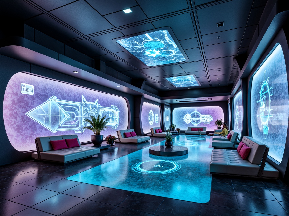 Prompt: Futuristic interior, neon-lit ambiance, holographic projections, sleek metallic surfaces, minimalist decor, levitating furniture, transparent glass floors, curved lines, geometric patterns, ambient lighting, soft glow, 3/4 composition, shallow depth of field, panoramic view, realistic textures, ambient occlusion, virtual reality interfaces, augmented reality displays, cyberpunk-inspired color schemes, iridescent materials, holographic windows, zero-gravity environments.