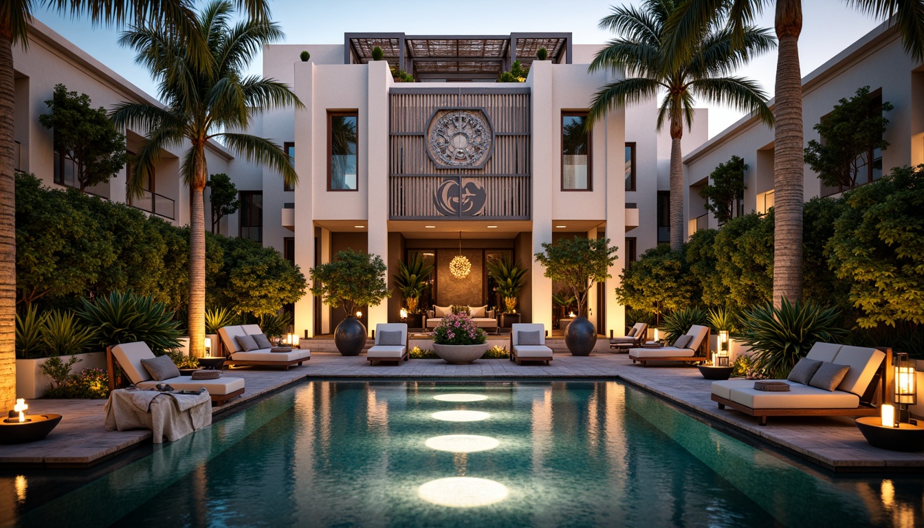 Prompt: Luxurious villa, Art Deco style, ornate metalwork, curved lines, geometric patterns, lavish furnishings, plush outdoor seating, vibrant tropical plants, exotic flowers, tranquil water features, sparkling fountains, warm golden lighting, soft evening ambiance, shallow depth of field, 1/1 composition, symmetrical framing, realistic textures, ambient occlusion.