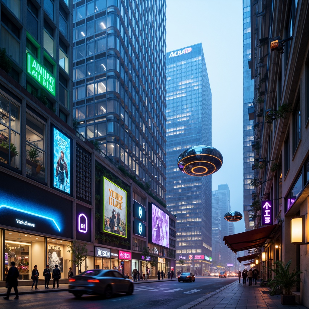 Prompt: Neon-lit skyscrapers, metallic silver accents, iridescent glass facades, holographic advertisements, cyberpunk cityscape, vibrant electric blue hues, neon green highlights, deep purple tones, rose gold details, sleek chrome lines, geometric patterns, futuristic urban landscape, high-tech infrastructure, levitating transportation pods, atmospheric mist, soft glowing ambiance, shallow depth of field, 1/1 composition, cinematic lighting, realistic reflections.