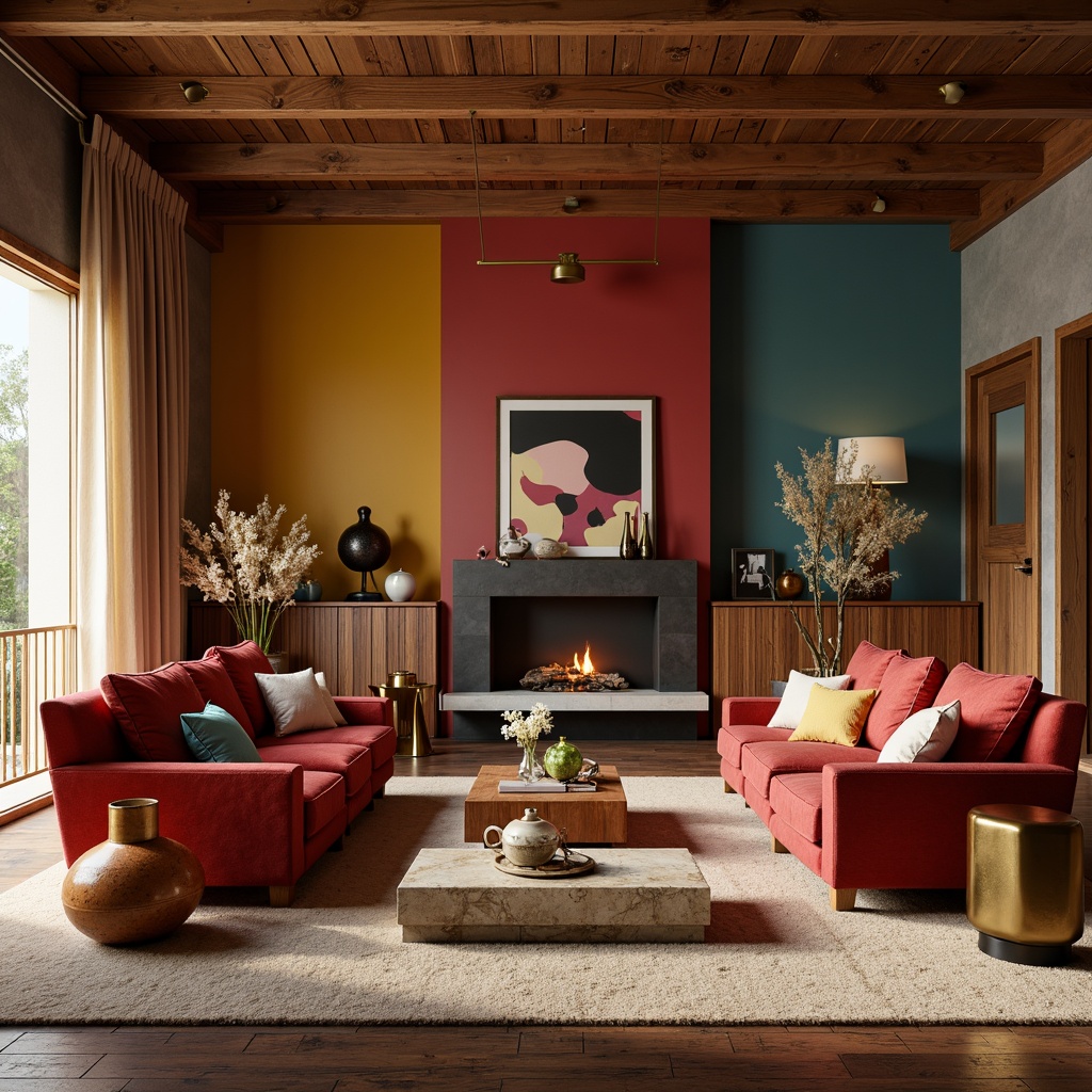 Prompt: Vibrant living room, bold accent walls, rich wood furniture, plush velvet sofas, metallic gold lighting fixtures, soft cream-colored carpets, natural stone fireplaces, earthy terracotta vases, warm beige curtains, eclectic artwork, abstract geometric patterns, moody atmospheric colors, dramatic shadows, 1/2 composition, cinematic lighting, realistic textures, ambient occlusion.