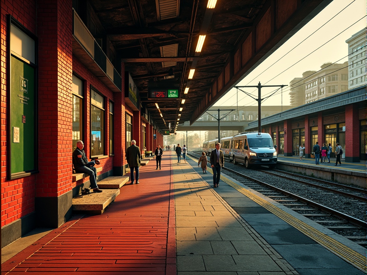 Prompt: Vibrant train station, expressionist architecture, bold geometric shapes, bright primary colors, contrasting secondary hues, industrial metal beams, exposed brick walls, distressed concrete textures, urban cityscape, bustling streets, morning rush hour, warm golden lighting, shallow depth of field, 1/2 composition, dramatic shadows, cinematic atmosphere, gritty realistic details.