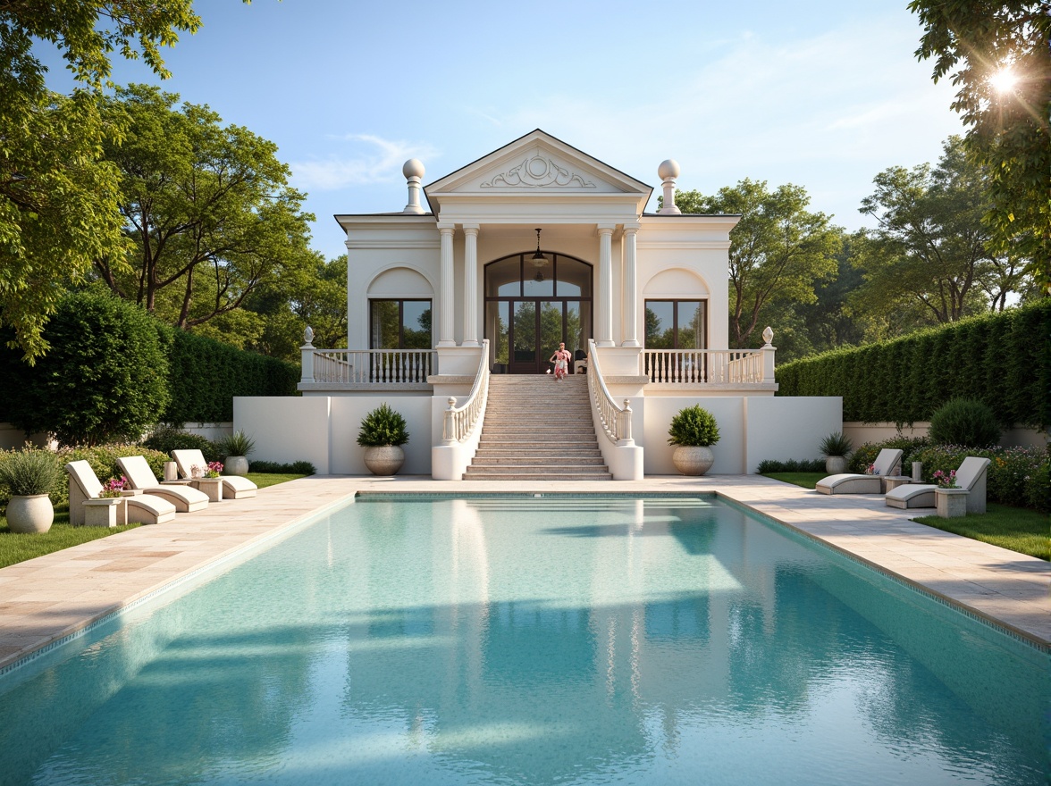 Prompt: Elegant neoclassical swimming pool, symmetrical layout, ornate fountains, grand staircases, limestone coping, travertine decking, manicured lawns, topiary trees, classical statues, urns with floral arrangements, soft warm lighting, shallow depth of field, 1/1 composition, realistic water textures, ambient occlusion, serene atmosphere, sunny day, clear blue sky, subtle misting systems.