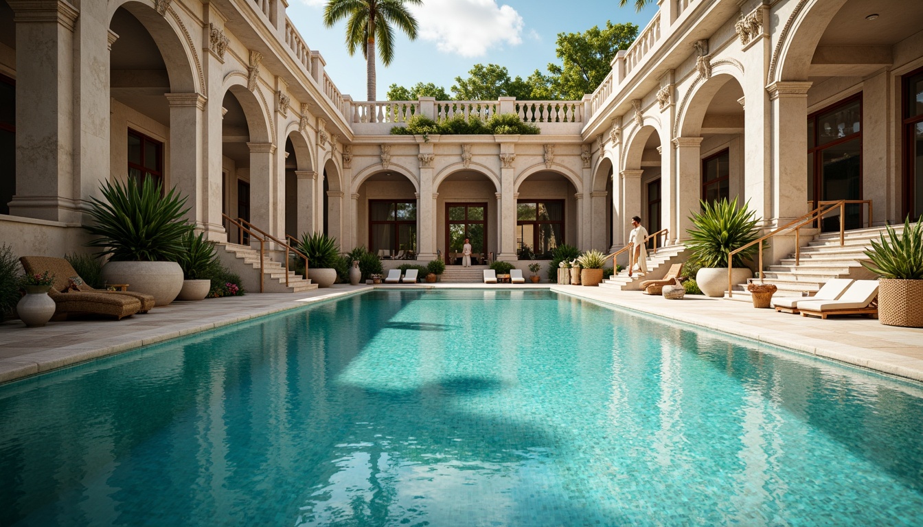 Prompt: Elegant neoclassical swimming pool, ornate stone carvings, grandiose fountains, crystal clear water, subtle ripples, gentle lapping sounds, majestic columns, symmetrical architecture, curved staircases, luxurious lounge chairs, vibrant turquoise tiles, intricate mosaic patterns, soft warm lighting, shallow depth of field, 1/1 composition, realistic textures, ambient occlusion.