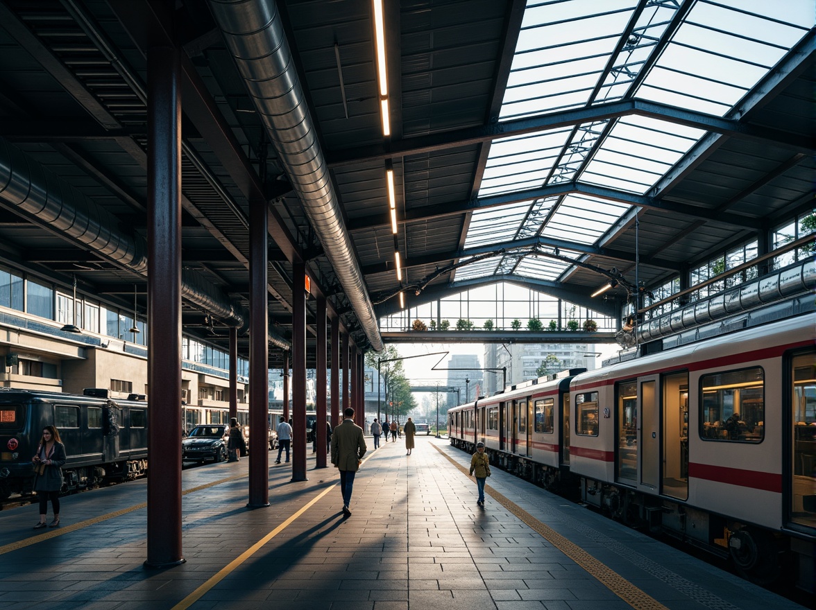 Prompt: Modern train station, steel framework, industrial aesthetic, exposed ductwork, metallic beams, sleek glass roofs, cantilevered canopies, urban landscape, bustling atmosphere, morning rush hour, natural light pouring in, shallow depth of field, 1/2 composition, realistic reflections, ambient occlusion, detailed textures, vibrant city sounds.