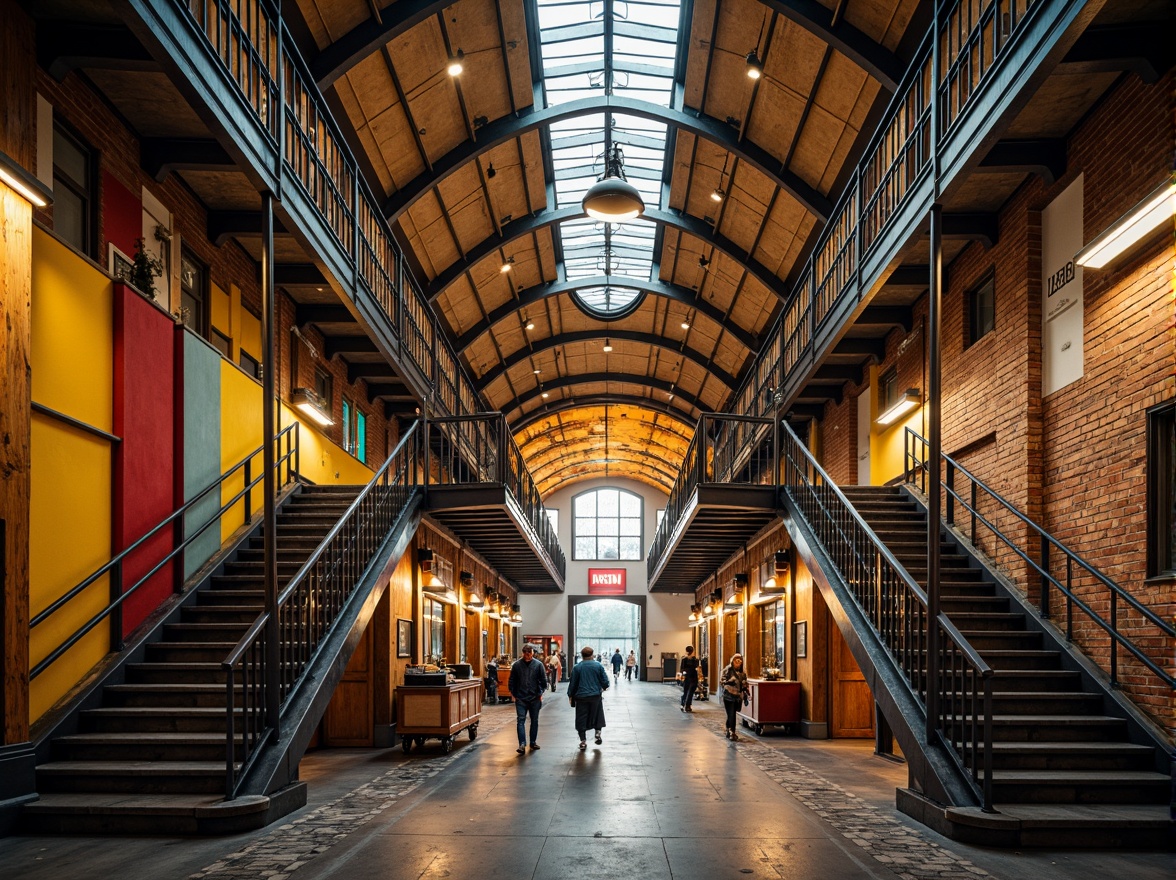 Prompt: Vibrant train station, expressionist architecture, bold geometric shapes, contrasting colors, warm golden lighting, industrial metal beams, distressed brick walls, ornate ironwork, grand staircases, intricate mosaics, eclectic art deco patterns, rich wood accents, vintage luggage carts, nostalgic steam engine details, atmospheric foggy day, dramatic shadows, cinematic low-angle shot, 1/2 composition, moody warm color grading, realistic textures, ambient occlusion.