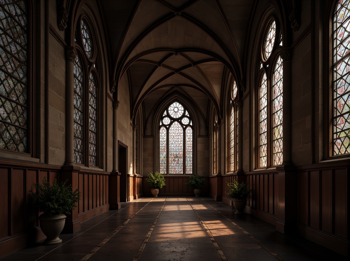 Prompt: Grandiose archways, pointed Gothic arches, ribbed vaults, ornate stone carvings, stained glass windows, intricate tracery patterns, majestic entrance halls, high ceilings, dark wood paneling, mysterious ambiance, warm soft lighting, dramatic shadows, 1/1 composition, symmetrical framing, realistic textures, ambient occlusion.