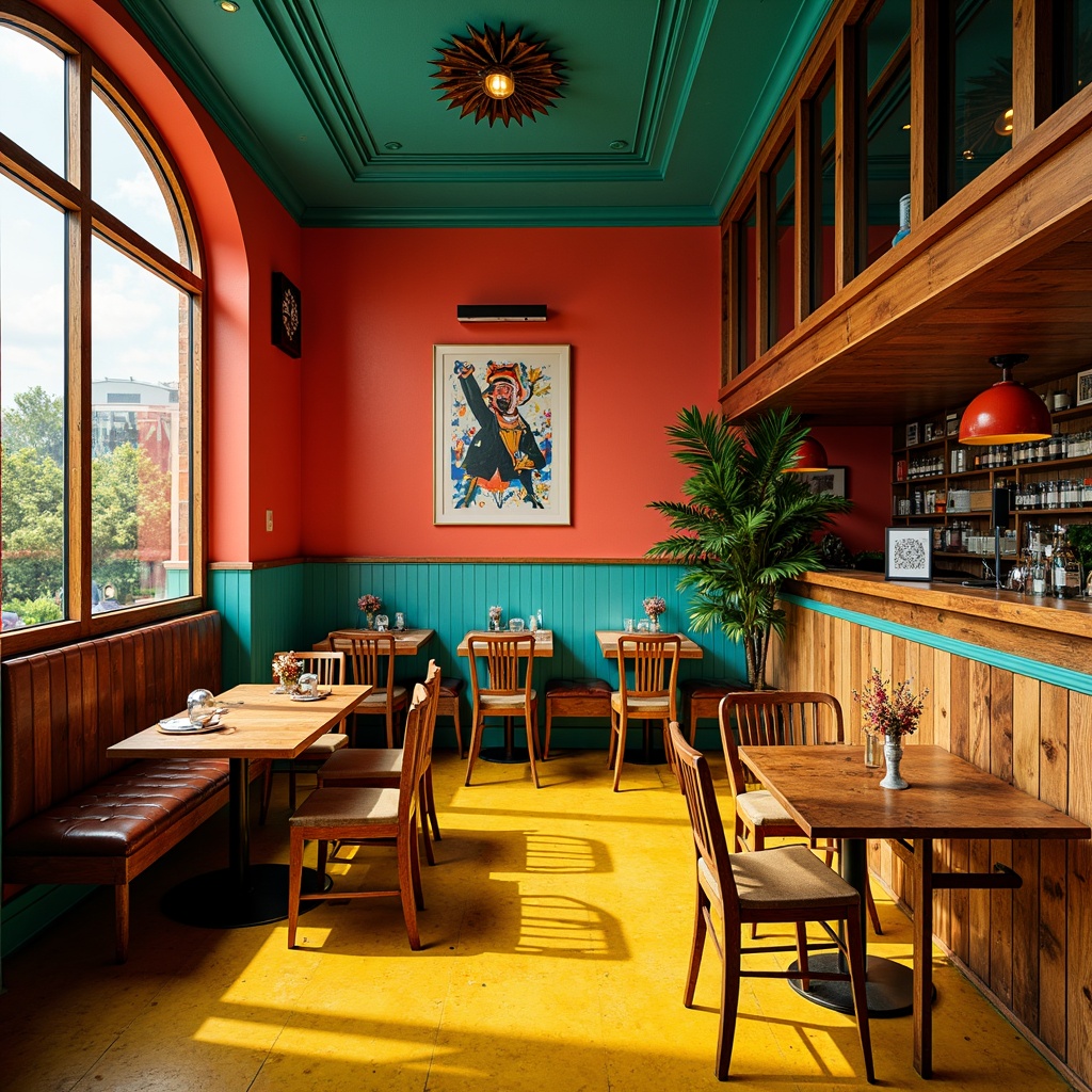 Prompt: Vibrant restaurant interior, expressionist art style, bold color palette, warm golden lighting, rich wood accents, eclectic furniture, abstract artwork, geometric patterns, bright coral walls, deep turquoise ceilings, sunny yellow floors, distressed metal decorations, reclaimed wood textures, industrial chic atmosphere, dramatic shadows, high contrast ratio, 1/2 composition, cinematic lighting, realistic reflections.