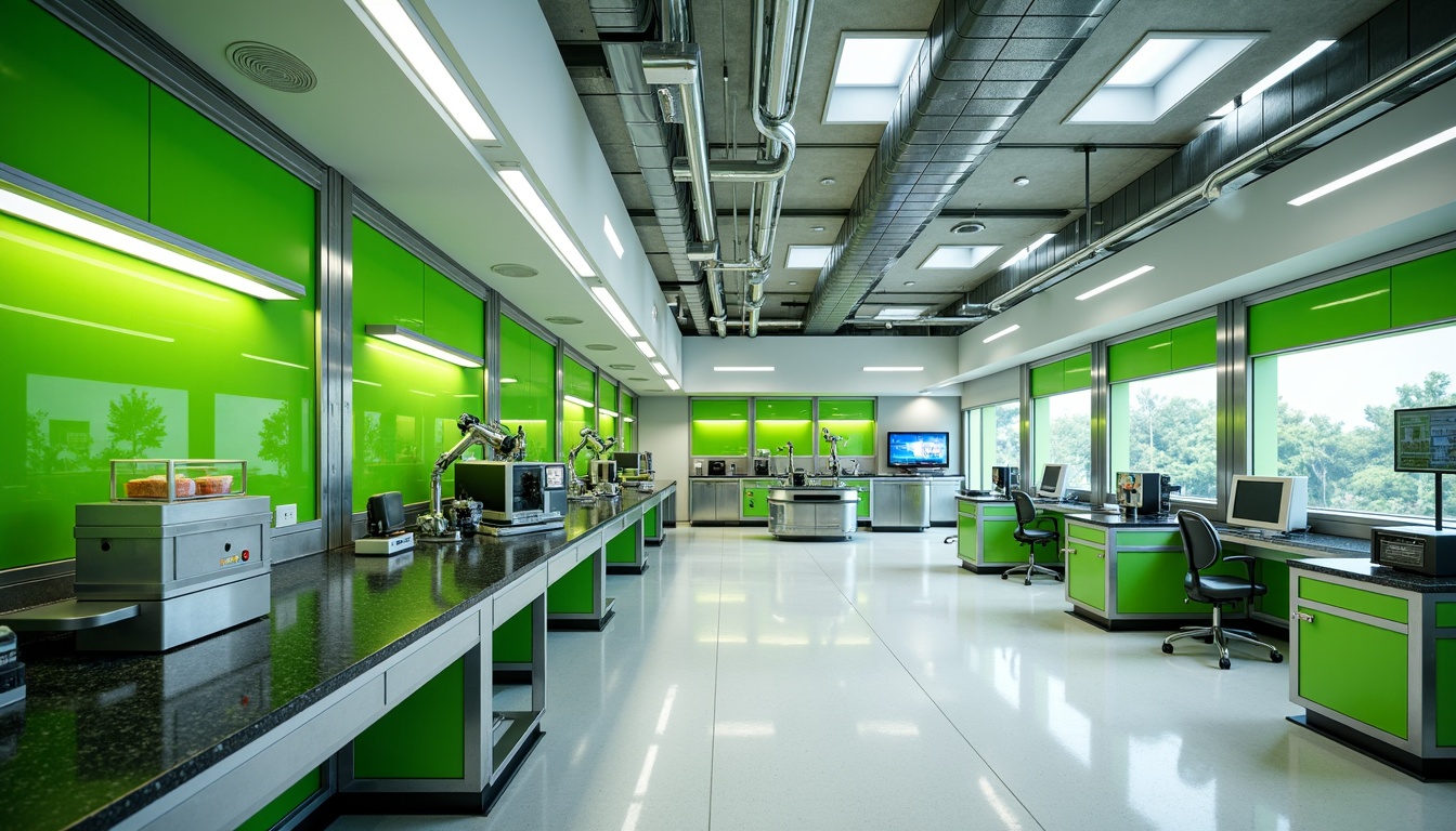 Prompt: Vibrant laboratory interior, bold color scheme, neon green accents, sleek metal equipment, futuristic workstations, minimalist shelving units, epoxy resin countertops, polished chrome fixtures, LED lighting systems, sterile white walls, glass partitions, modular furniture design, ergonomic seating, adjustable task lighting, high-contrast visual displays, 3D printing technology, robotic arm machinery, precision instrumentation, microscopes, petri dishes, futuristic architecture, modern materials, innovative textures, ambient occlusion, shallow depth of field, 1/1 composition.