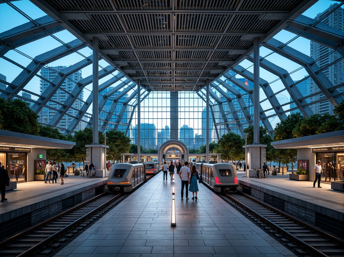 Prompt: Futuristic metro station, dynamic LED lighting, sleek glass fa\u00e7ade, angular metal frames, vibrant cityscape, bustling urban atmosphere, modern transportation hub, efficient passenger flow, spacious interior, natural stone flooring, stainless steel accents, geometric patterned ceilings, advanced ventilation systems, energy-efficient solutions, green roofs, panoramic views, shallow depth of field, 3/4 composition, realistic textures, ambient occlusion.