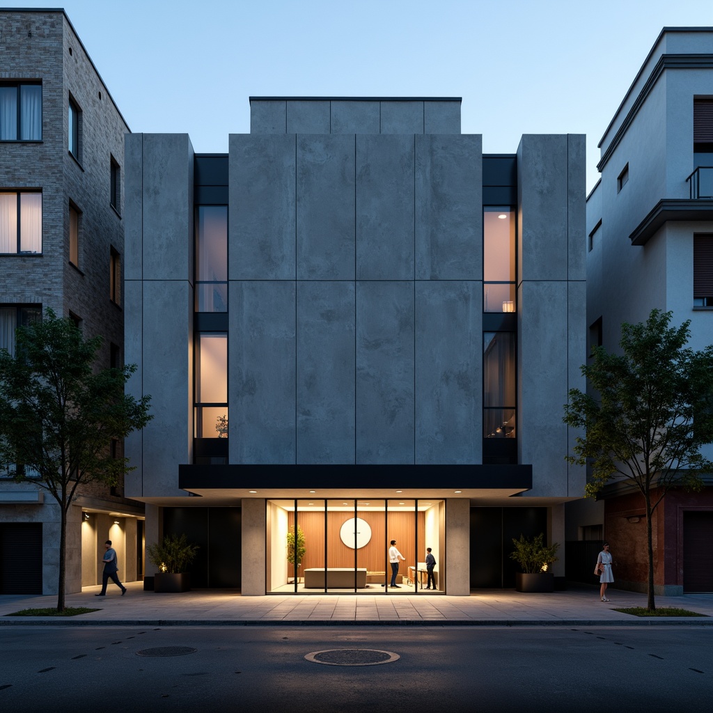 Prompt: Simple theater facade, minimalist architecture, clean lines, monochromatic color scheme, rectangular shapes, flat roofs, large glass windows, sliding doors, industrial materials, exposed concrete walls, subtle lighting, dramatic shadows, urban cityscape, evening atmosphere, soft box lights, 1/1 composition, realistic textures, ambient occlusion.