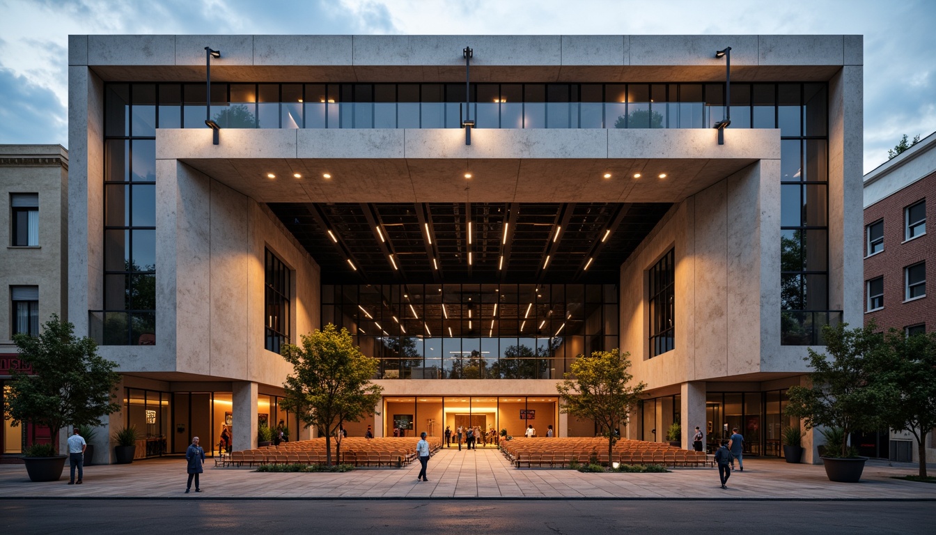 Prompt: Geometric auditorium facade, asymmetrical composition, rectangular windows, industrial metal frames, raw concrete walls, minimalist ornamentation, functionalist design, bold color accents, dramatic lighting effects, high ceilings, open floor plan, flexible seating arrangements, acoustic panels, wooden flooring, brutalist architecture, urban cityscape, cloudy day, softbox lighting, 1/2 composition, realistic materials, ambient occlusion.