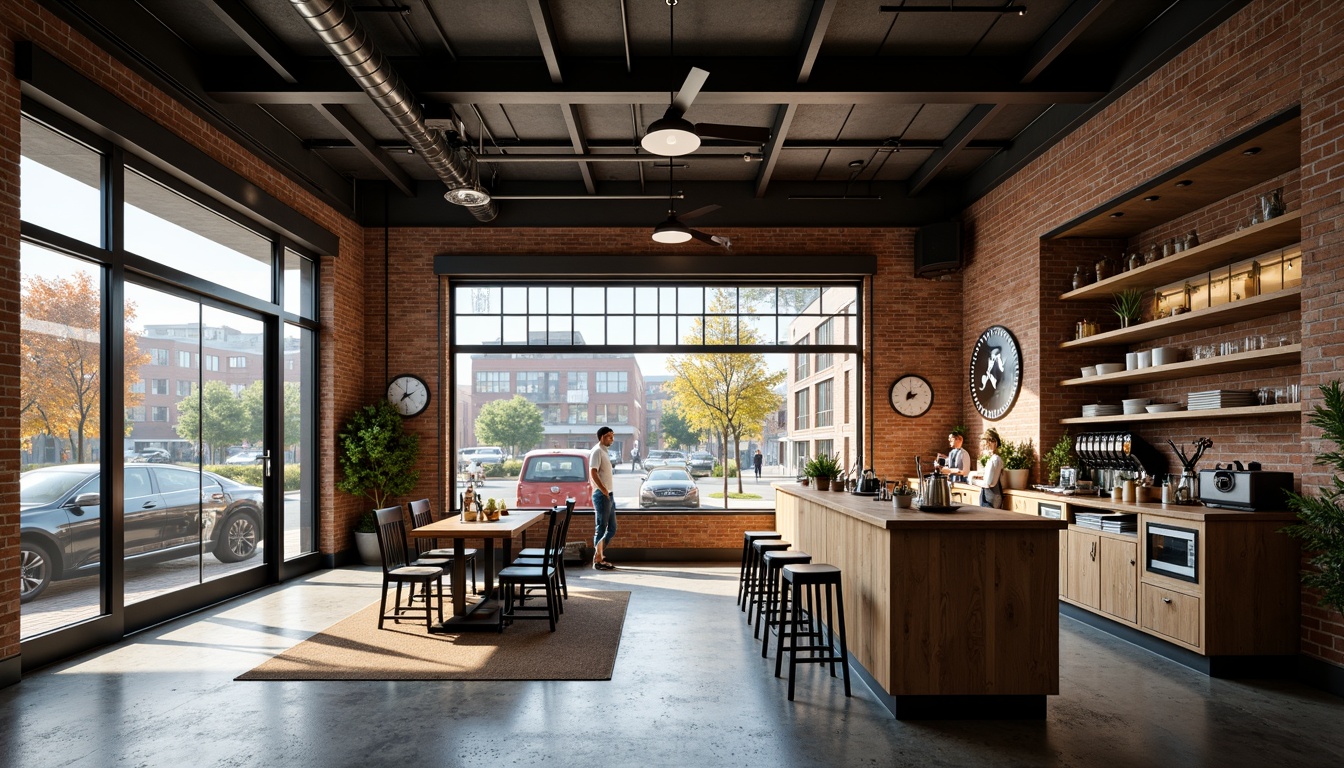 Prompt: Industrial-chic urban coffee shop, exposed brick walls, metal beams, reclaimed wood accents, large glass windows, sliding doors, minimalist signage, modern street art, bustling city streets, morning sunlight, warm cozy lighting, shallow depth of field, 1/2 composition, realistic textures, ambient occlusion.