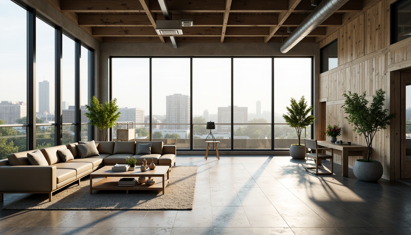 Prompt: Minimalist interior design, open floor plans, high ceilings, large windows, natural light, airy atmosphere, sleek modern furniture, polished concrete floors, industrial chic decor, urban loft style, exposed ductwork, reclaimed wood accents, green walls, living plants, spacious balconies, cityscape views, warm sunny days, soft diffused lighting, shallow depth of field, 3/4 composition, panoramic view, realistic textures, ambient occlusion.