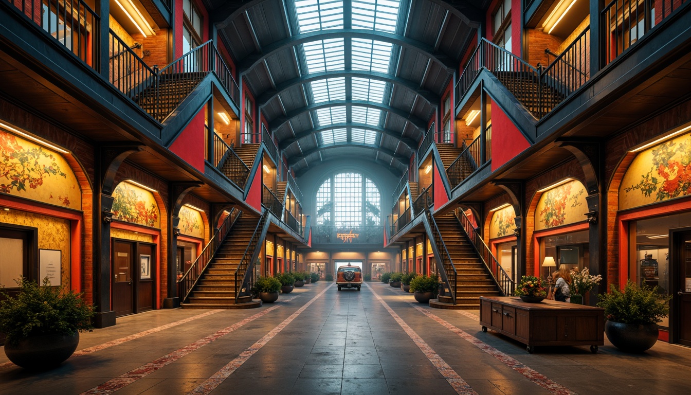 Prompt: Vibrant train station, expressionist architecture, bold geometric shapes, contrasting colors, warm golden lighting, industrial metal beams, distressed brick walls, ornate ironwork, grand staircases, intricate mosaics, eclectic art deco patterns, rich wood accents, vintage luggage carts, nostalgic steam engine details, atmospheric foggy day, dramatic shadows, cinematic low-angle shot, 1/2 composition, moody warm color grading, realistic textures, ambient occlusion.