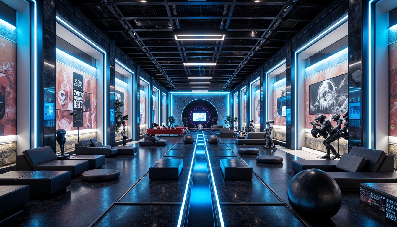 Prompt: Futuristic interior, metallic surfaces, neon-lit accents, iridescent glass panels, holographic displays, sleek carbon fiber furniture, high-gloss finishes, LED lighting strips, translucent acrylic walls, minimalist decor, avant-garde sculptures, futuristic gadgets, virtual reality interfaces, cyberpunk-inspired color schemes, dark ambient lighting, shallow depth of field, 1/1 composition, cinematic camera angles, realistic reflections, advanced material textures.