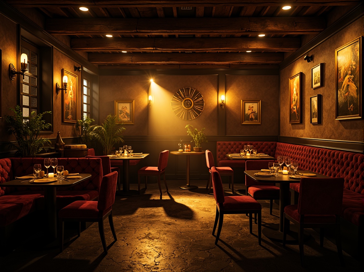 Prompt: Moody restaurant interior, warm golden lighting, soft shadows, dramatic spotlights, rich wood accents, luxurious velvet fabrics, ornate metal fixtures, eclectic art pieces, vintage decorative items, distressed walls, rustic stone floors, intimate cozy atmosphere, low-key ambient illumination, cinematic high-contrast lighting, 1/2 composition, shallow depth of field, warm color grading, filmic textures.