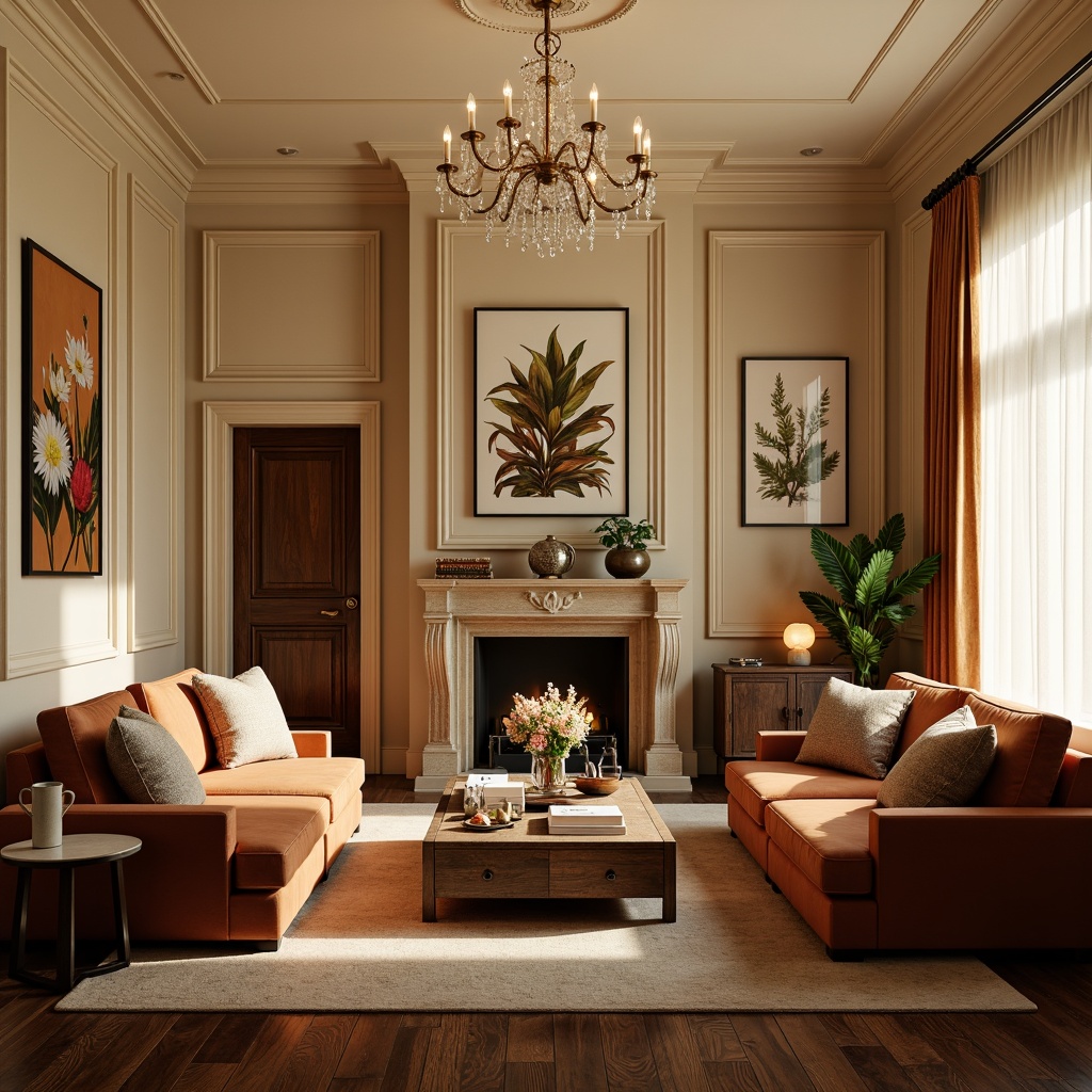 Prompt: Cozy living room, warm beige walls, rich walnut wood furniture, plush velvet sofas, soft golden lighting, natural stone fireplace, earthy terracotta accents, calming botanical prints, creamy white trim, elegant crystal chandeliers, inviting atmosphere, 1/1 composition, shallow depth of field, realistic textures, ambient occlusion.