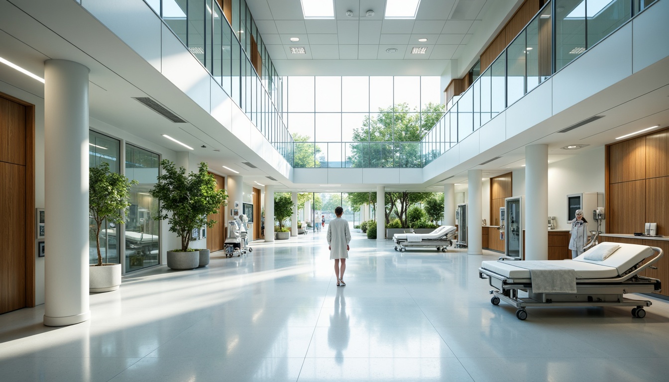 Prompt: Modern hospital building, sleek glass curtain walls, natural light influx, minimalist interior design, sterile white floors, stainless steel medical equipment, comfortable patient rooms, private recovery areas, calming greenery views, warm wooden accents, soft diffused lighting, shallow depth of field, 1/1 composition, realistic reflections, ambient occlusion.