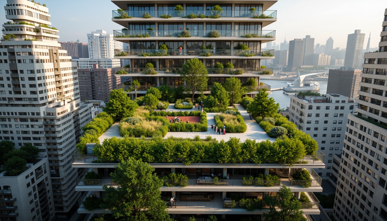 Prompt: Urban skyscraper, lush green roofs, verdant vegetation, modern architecture, sustainable design, eco-friendly materials, energy-efficient systems, solar panels, wind turbines, rainwater harvesting, grey water reuse, natural insulation, improved air quality, reduced urban heat island effect, increased biodiversity, habitat creation, stormwater management, noise reduction, thermal mass, rooftop gardens, recreational spaces, panoramic city views, soft warm lighting, shallow depth of field, 3/4 composition.