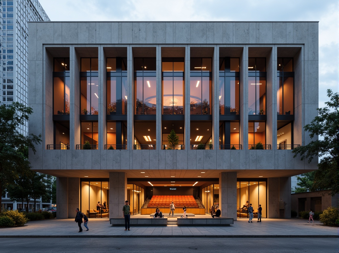 Prompt: Geometric auditorium facade, asymmetrical composition, rectangular windows, industrial metal frames, raw concrete walls, minimalist ornamentation, functionalist design, bold color accents, dramatic lighting effects, high ceilings, open floor plan, flexible seating arrangements, acoustic panels, wooden flooring, brutalist architecture, urban cityscape, cloudy day, softbox lighting, 1/2 composition, realistic materials, ambient occlusion.