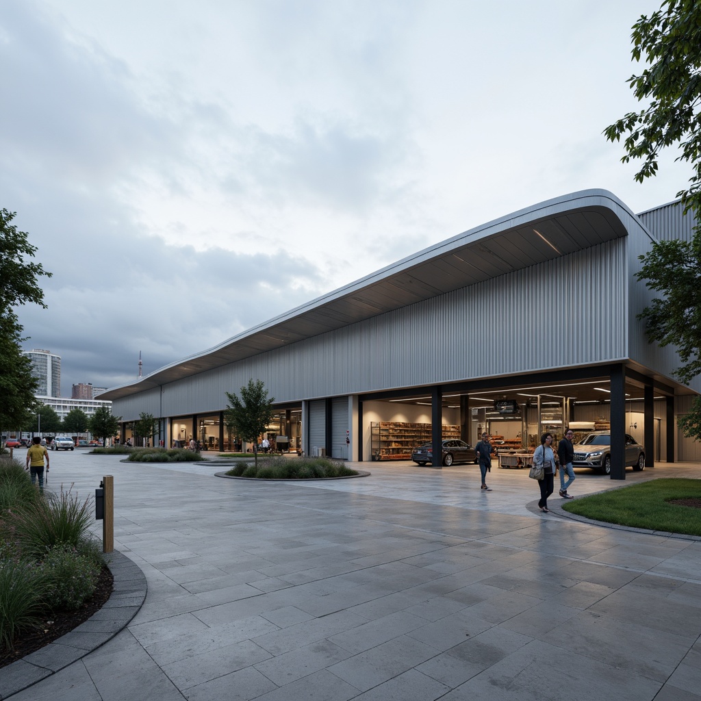 Prompt: Sleek warehouse, modern industrial design, streamlined roof profile, curved metal sheets, silver-gray color scheme, minimalist aesthetic, functional simplicity, high ceilings, exposed ductwork, polished concrete floors, steel beams, industrial lighting fixtures, overhead cranes, storage racks, loading docks, urban landscape, cloudy sky, soft diffused light, shallow depth of field, 2/3 composition, realistic textures, ambient occlusion.