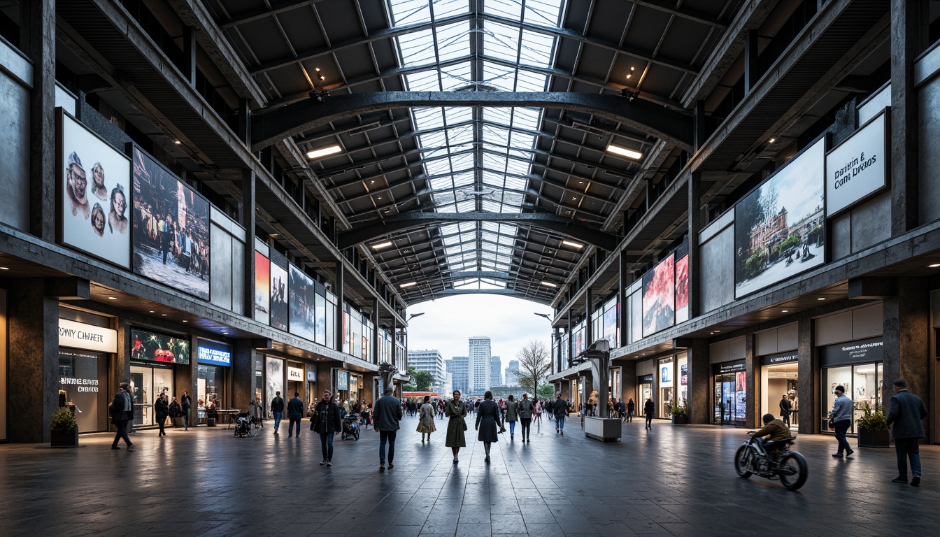 Prompt: Modern train station, steel framework, industrial aesthetic, exposed ductwork, metallic beams, sleek columns, high ceilings, grand entrance, bustling atmosphere, natural light pouring in, urban landscape, city skyline, busy streets, pedestrian traffic, vibrant advertisements, LED displays, futuristic ambiance, dynamic lighting, shallow depth of field, 1/2 composition, wide-angle lens, realistic reflections, ambient occlusion.