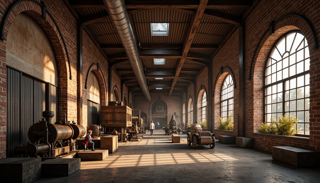 Prompt: Rustic industrial factory, Romanesque fa\u00e7ade, arched windows, ornate stone carvings, distressed brick walls, metal cladding, corrugated roofing, vintage machinery, exposed ductwork, reclaimed wood accents, earthy color palette, warm golden lighting, dramatic shadows, 1/2 composition, low-angle shot, realistic textures, ambient occlusion.