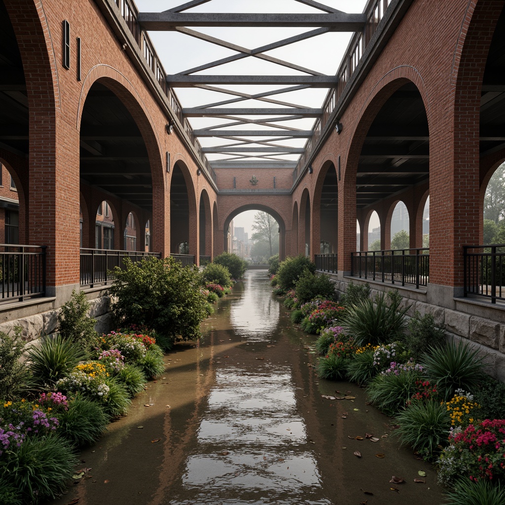 Prompt: Rustic bridge, textured brickwork, earthy tones, natural stone foundations, steel arches, industrial chic, urban landscape, misty morning, soft warm lighting, shallow depth of field, 1/1 composition, realistic textures, ambient occlusion, intricate stonework patterns, ornate metal railings, lush greenery, vibrant flowers, serene water reflections.