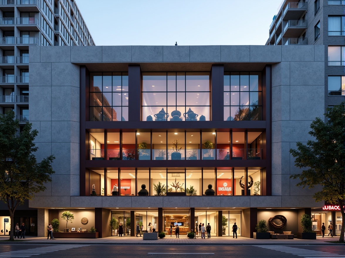 Prompt: Geometric auditorium facade, asymmetrical composition, rectangular forms, industrial materials, exposed concrete walls, steel beams, minimalist ornamentation, functional simplicity, bold color blocking, primary color accents, cantilevered canopies, angular rooflines, large glass windows, transparent doors, urban cityscape, busy street scene, modernist architecture, brutalist influences, abstract sculptures, futuristic lighting fixtures, dramatic spotlights, high-contrast shading, 2/3 composition, cinematic framing, realistic reflections.