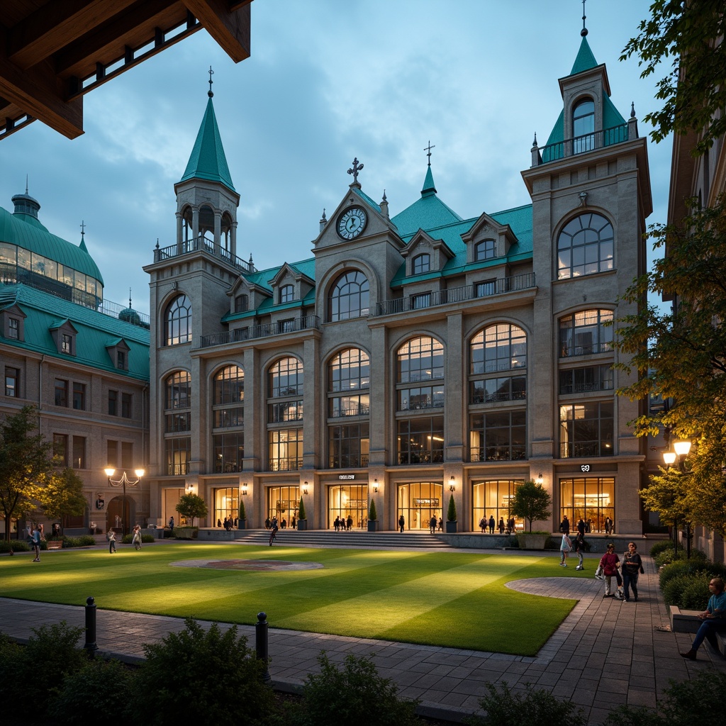 Prompt: Majestic football stadium, Romanesque style facades, ornate stone carvings, grand archways, rusticated columns, vibrant green roofs, intricate brick patterns, imposing clock towers, dramatic floodlighting, atmospheric mist effects, shallow depth of field, 1/2 composition, symmetrical architecture, warm golden lighting, realistic textures, ambient occlusion.