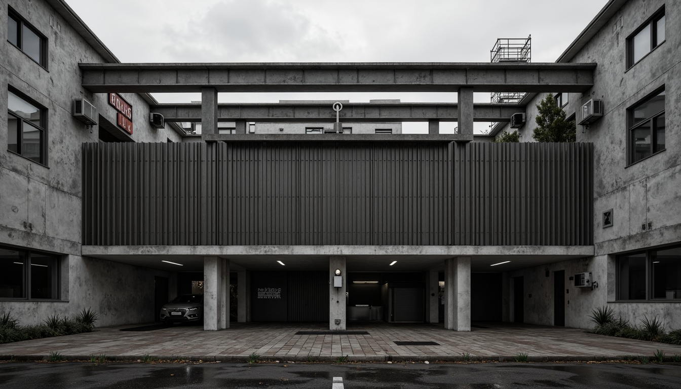 Prompt: Rugged industrial facade, exposed steel beams, raw concrete walls, corrugated metal cladding, functional pipes, minimalist windows, brutalist architecture, urban landscape, overcast sky, dramatic shadows, high-contrast lighting, 1/2 composition, symmetrical framing, gritty textures, ambient occlusion.