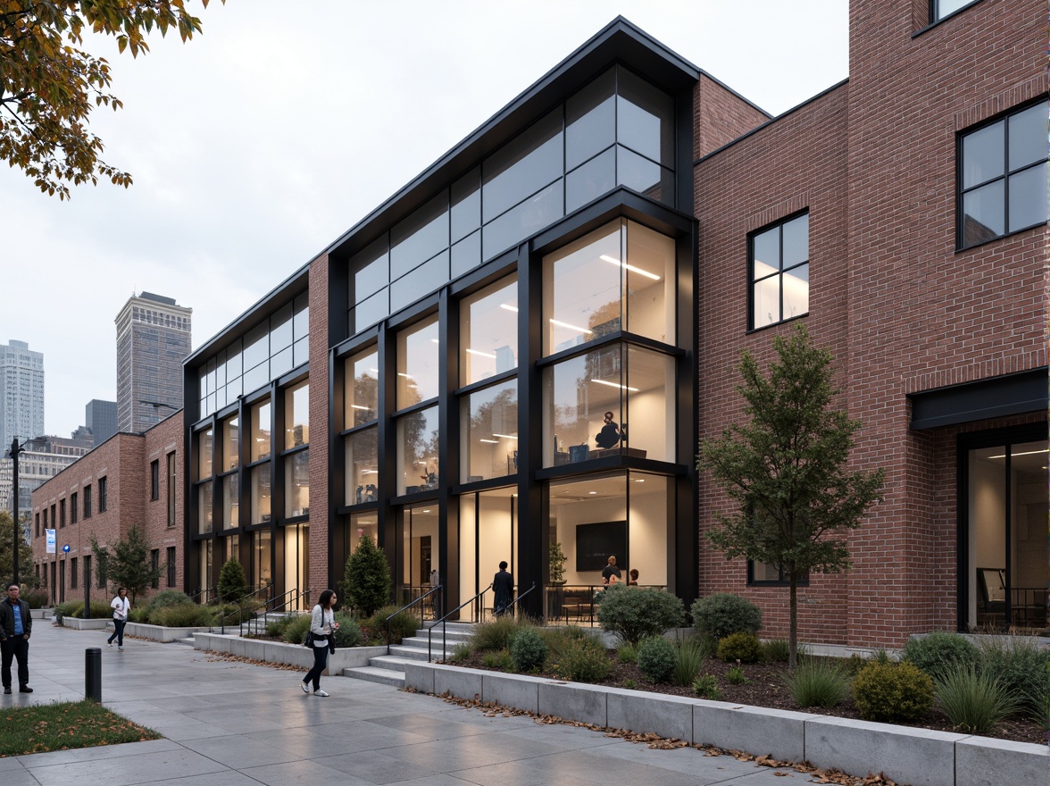 Prompt: Exposed brick walls, industrial metal frames, large glass windows, minimalist signage, modern warehouse architecture, streamlined facade, neutral color palette, urban cityscape, cloudy day, soft natural lighting, shallow depth of field, 2/3 composition, realistic textures, ambient occlusion, functional design elements, steel beams, concrete floors, reclaimed wood accents, industrial chic decor, sleek metal railings, minimalist landscaping.