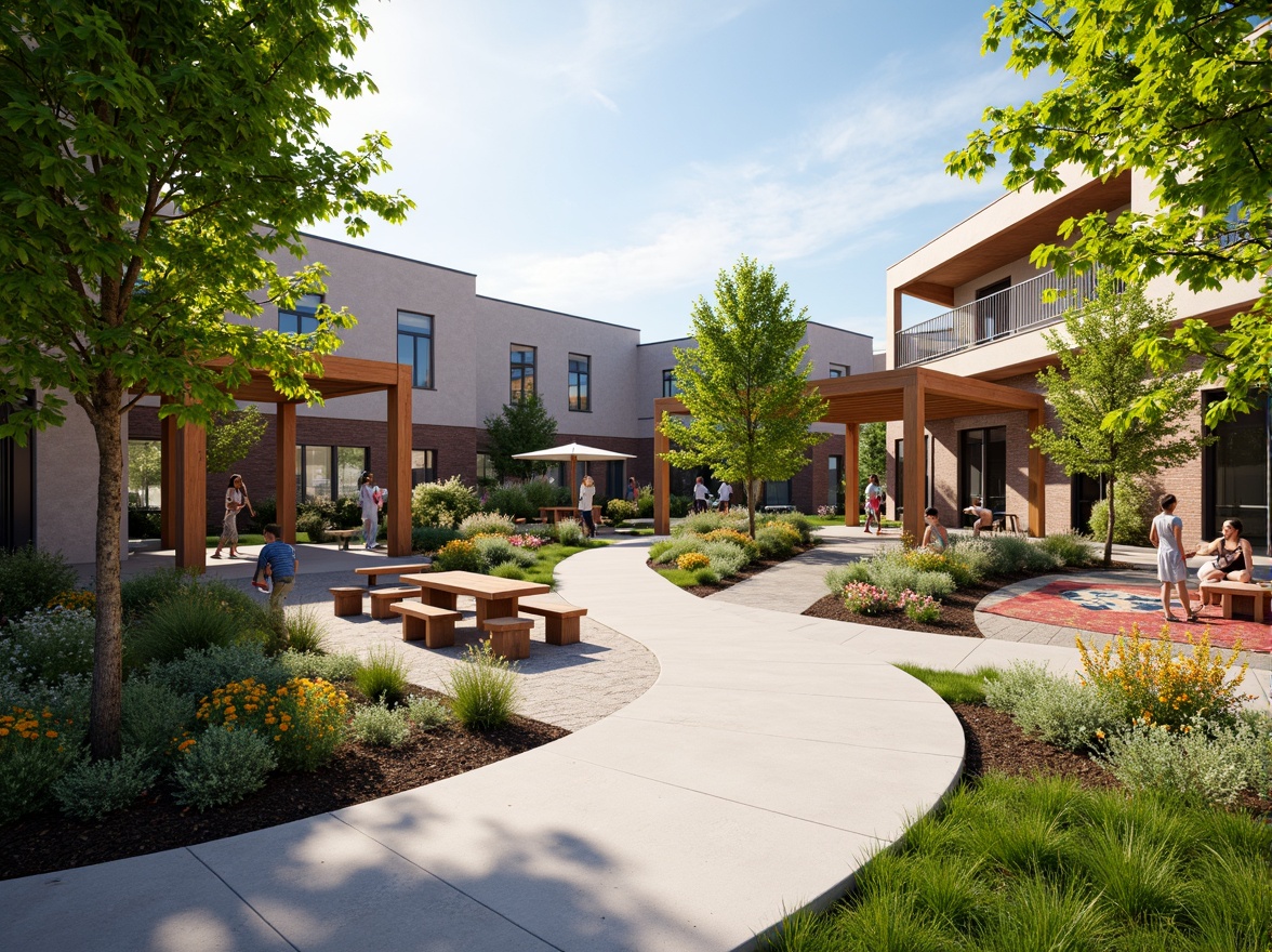 Prompt: Vibrant community center courtyard, lush greenery, blooming flowers, comfortable outdoor seating, wooden benches, shade structures, pergolas, walking paths, natural stone flooring, modern architecture, large windows, glass doors, sunny day, soft warm lighting, shallow depth of field, 3/4 composition, panoramic view, realistic textures, ambient occlusion, community gardens, public art installations, interactive play areas, outdoor fitness zones, picnic tables, BBQ stations, festive string lights, colorful outdoor rugs.