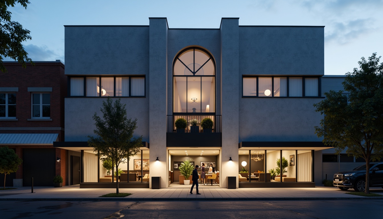 Prompt: Simple theater facade, minimalist architecture, clean lines, monochromatic color scheme, rectangular shapes, flat roofs, large glass windows, sliding doors, industrial materials, exposed concrete walls, subtle lighting, dramatic shadows, urban cityscape, evening atmosphere, soft box lights, 1/1 composition, realistic textures, ambient occlusion.