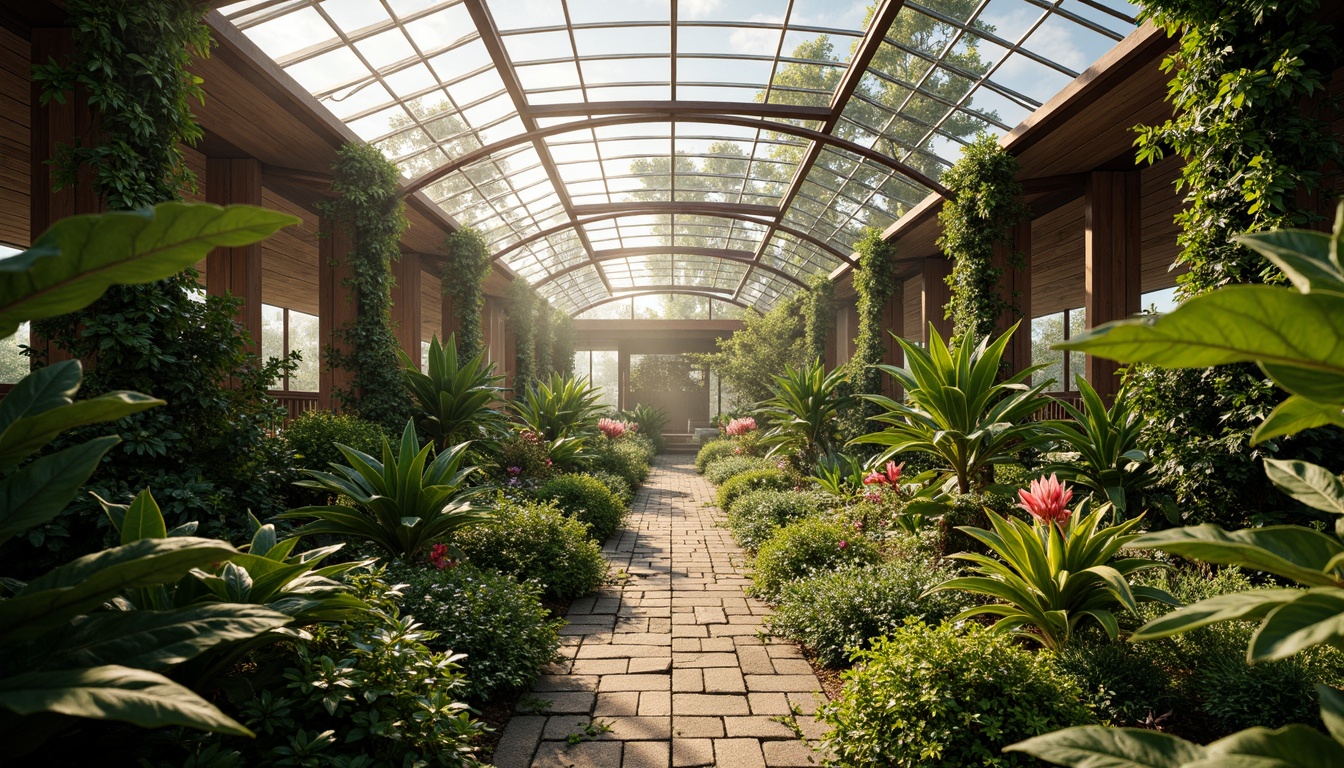 Prompt: Lush tropical plants, exotic flowers, natural stone pathways, wooden trellises, curved glass roofs, steel frames, modern minimalist architecture, abundant sunlight, soft warm illumination, shallow depth of field, 1/1 composition, realistic textures, ambient occlusion, misty atmosphere, dew droplets on leaves, vibrant green hues, earthy tones, organic shapes, sustainable materials, eco-friendly systems, innovative ventilation technologies, shaded outdoor spaces.