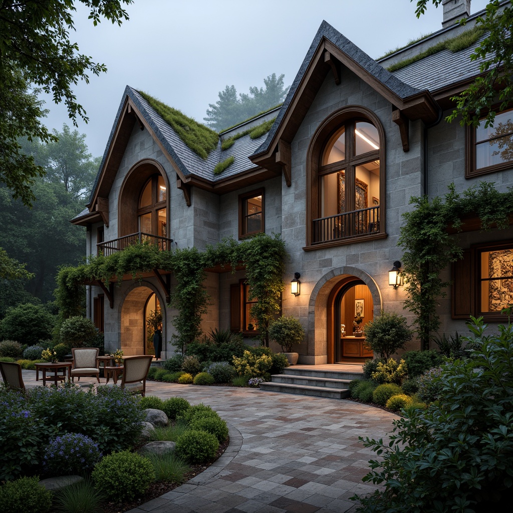 Prompt: Rustic villa, Gothic arches, stone walls, wooden beams, natural slate roofs, earthy tones, moss-covered facades, overgrown vegetation, winding vines, ornate carvings, grand entrance halls, high ceilings, stained glass windows, intricate mosaics, warm candlelight, soft shadows, mysterious ambiance, foggy mornings, misty forests, serene landscapes, 1/1 composition, symmetrical framing, warm color palette, realistic textures, ambient occlusion.