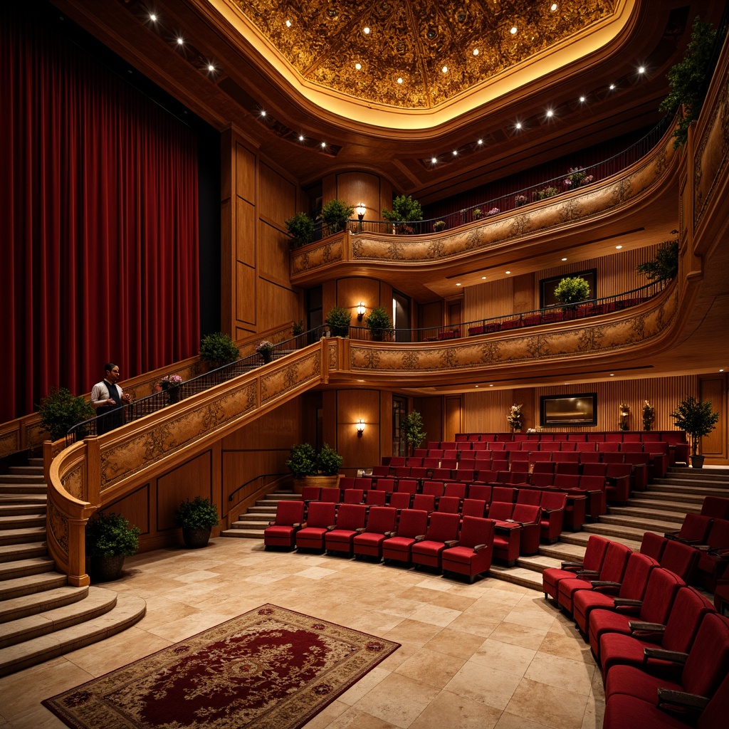 Prompt: Luxurious concert house, rich wood tones, polished marble floors, velvet curtains, ornate chandeliers, grand staircases, acoustic panels, soundproofing materials, plush seating areas, intimate performance spaces, dramatic lighting systems, warm golden lighting, shallow depth of field, 1/1 composition, realistic textures, ambient occlusion.